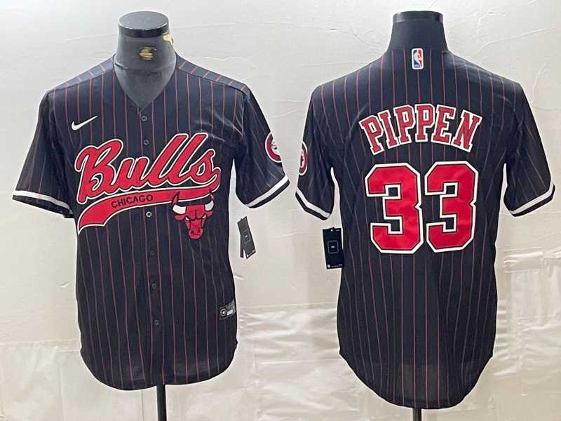 Mens Chicago Bulls #33 Scottie Pippen Black Pinstripe Cool Base Stitched Baseball Jersey